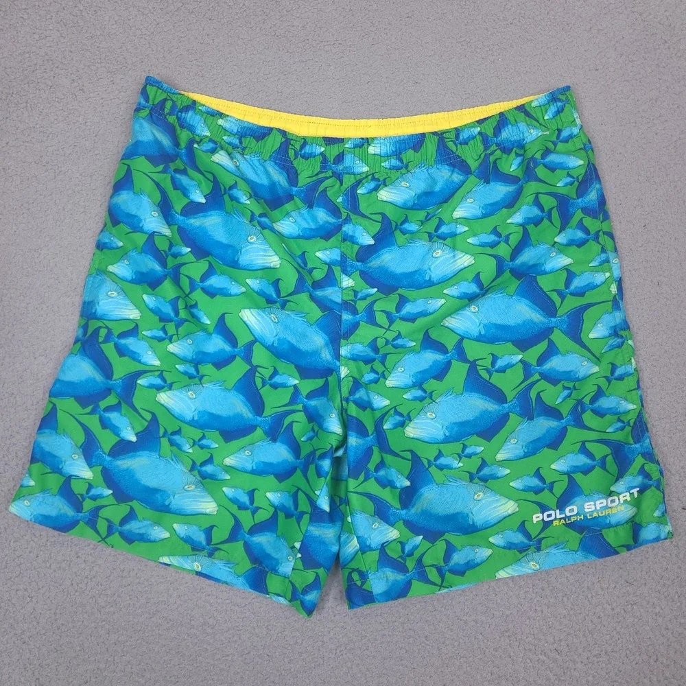 Polo Sport Ralph Lauren Swim Trunks Mens XL 40‎ Waist Fish Shorts Blue Fish VTG